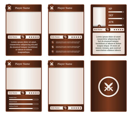 Customizable game card templates featuring white and brown design. Perfect for fantasy RPGs and collectible trading card games, with adaptable UI elements for player stats