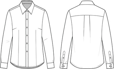 Long sleeve button-up shirt cad flat vector with front and back views, technical fashion sketch for garment design illustration.