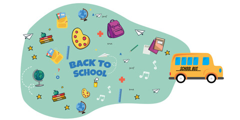 Naklejka premium School bus, back to school concept illustration with icons of supplies and books