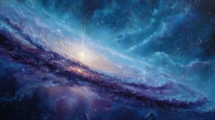 Vast swirling galaxy with blues, purples, gold hues, bright center, and deep space clouds