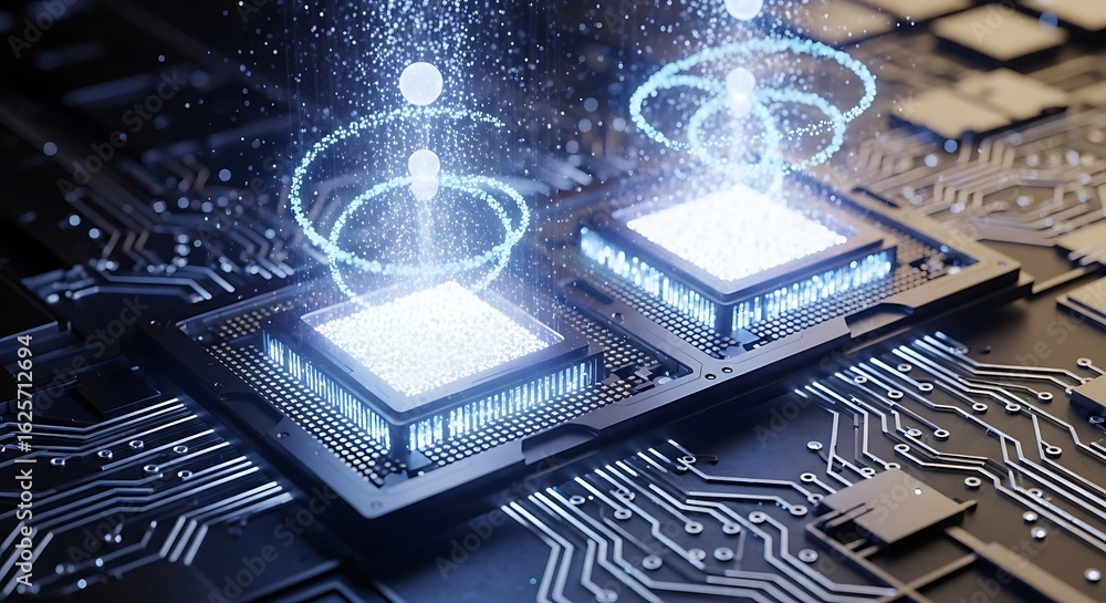 Poster dual processors unleashing luminous data streams on a futuristic circuit board.