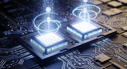 Dual Processors Unleashing Luminous Data Streams on a Futuristic Circuit Board.