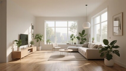 Fototapeta premium Modern minimalist living room with beige sofa, wooden furniture, large windows, natural light and green plants creating cozy atmosphere