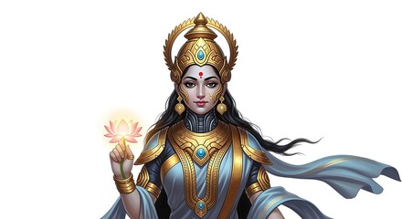 Fototapeta premium Digital Painting of Goddess Holding Lotus Flower with Golden Jewelry