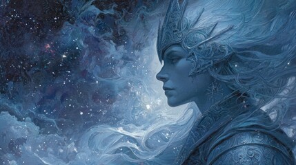 Ethereal woman adorned with a crown, blending with a cosmic backdrop of blues/whites