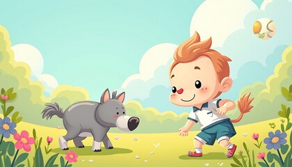 Cheerful Boy Cartoon Playing with Grey Dog in Sunny Outdoor Landscape