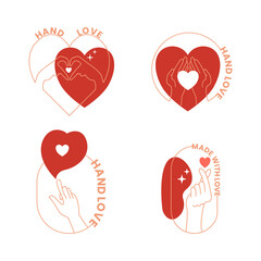 Vector set with trendy hand made labels and badges in linear modern style. Collection of emblems with gestures - hand made, made with love, donate concept