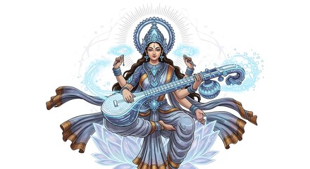 Goddess Saraswati Playing Veena Divine Hindu Art Illustration
