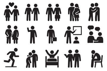 Set of silhouette life vignettes depicting various human activities like relationships, communication, physical exercise, and daily routines, for lifestyle and wellness themes