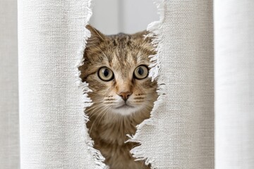 A tabby cat peeking through a torn hole in a white curtain, curious and alert expression, playful feline hiding.