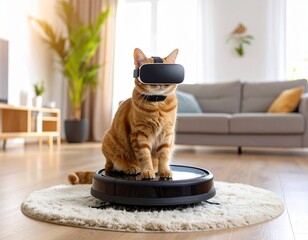 Orange cat wearing VR headset riding robot vacuum cleaner