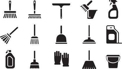 Collection of black cleaning tool icons including brooms mops plungers spray bottle and bucket tools
