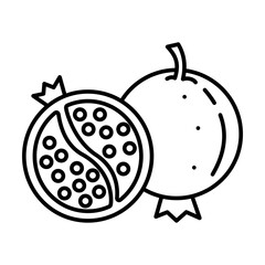 Clean black and white line drawing of a pomegranate in minimalist style on white background