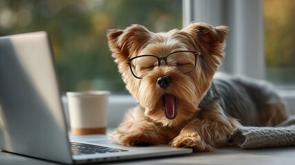 Dog wearing glasses near laptop
