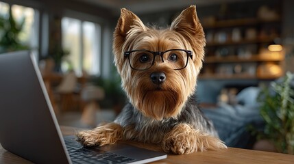 Dog wearing glasses using laptop