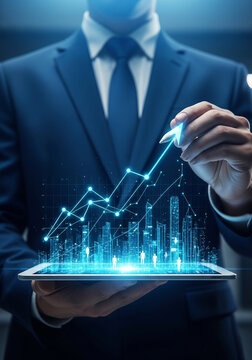 Businessman analyzing digital financial growth chart on tablet