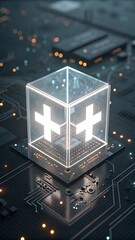 A glowing cube with plus signs sits on a computer circuit board