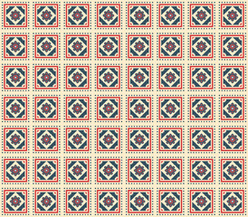 Turkish Seamless Pattern Geometric Floral Carpet Repeatable Design in Red Blue Beige