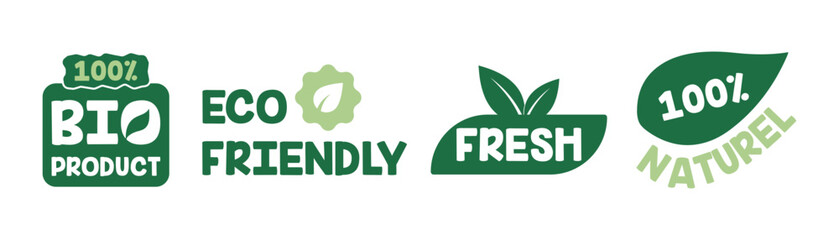 Set of eco-friendly bio product labels and green badges with text like "100% Natural", "Fresh", "Eco Friendly" for organic, sustainable product packaging.