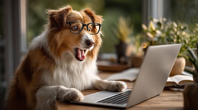 Dog with glasses working on laptop