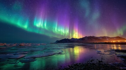 Captivating Northern Lights Over Icy Waters and Distant Mountains