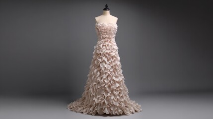 Elegant strapless gown with layered floral ruffles in soft tones