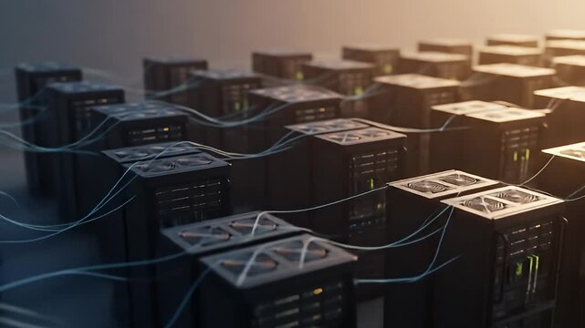 Array of servers, connected by digital strands. Soft, warm lighting. Depth of field