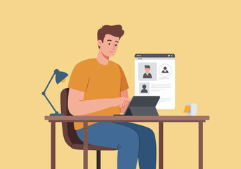 Illustration Vector of a Man Working on Tablet at Desk in Modern Office Setting