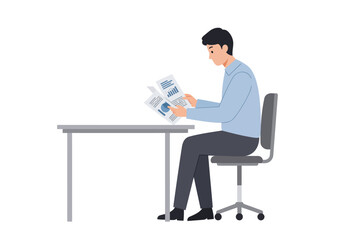 Vector Illustration of Man Reading Document at Desk Flat Design Style