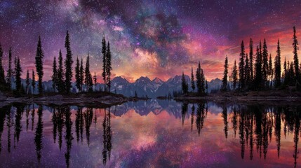 Fototapeta premium Majestic Night Sky Over Serene Lake and Silhouette of Pine Trees