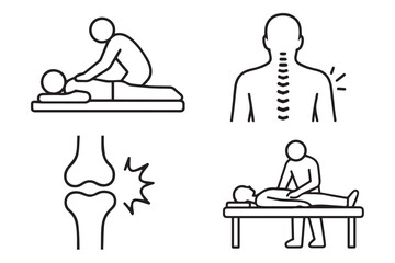 Minimalist medical illustrations showing chiropractic care, spinal adjustments, joint therapy, and pain relief techniques through manual manipulation, chiropractor health therapies treatment