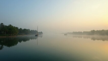 Obraz premium Calm River with Wooden Boat in Misty Morning – Peaceful Nature Landscape