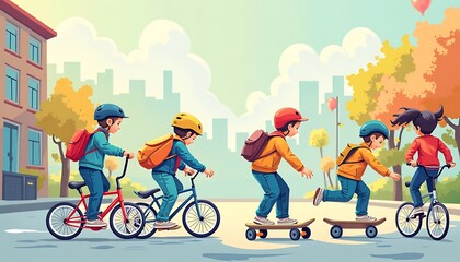 Children Riding Bikes and Skateboards in City, Cartoon Style