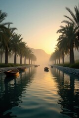 Morning Sunrise over Tranquil Lake with Palm Trees and Boat &ndash; Scenic Landscape Photography