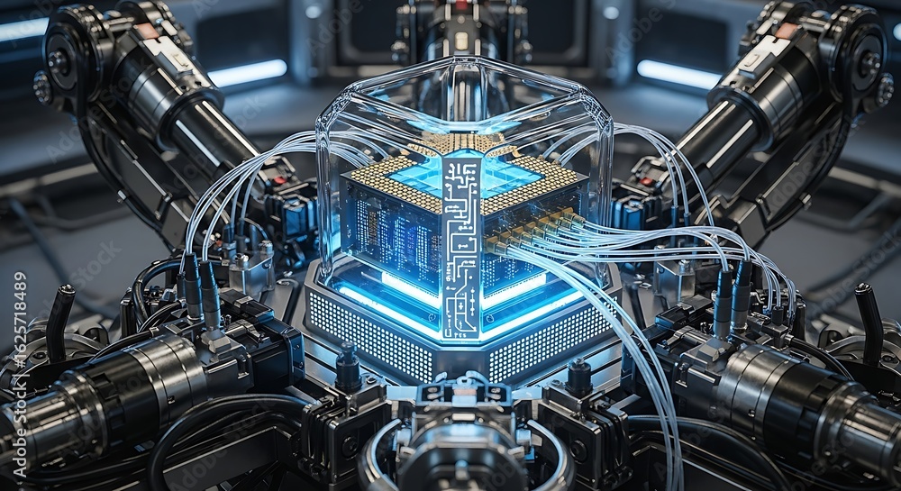 Poster futuristic cpu core enclosed in glass illuminated connected to robotic arms.