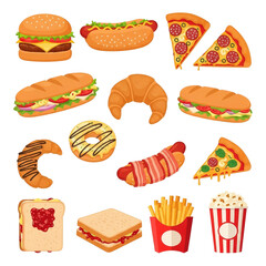 Collection of popular fast food items including burgers, hot dogs, pizzas, sandwiches, croissants, donuts, fries and popcorn isolated on transparent background