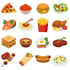 Collection of popular fast food and restaurant dishes including pizza, burger, fries, salad salmon steak, sandwich, soup, breakfast and more isolated on transparent background