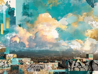 A collage art of a graffiti wall with glowing skies