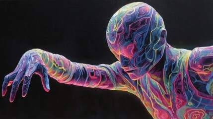 Abstract figure painted with vibrant swirling colors against a dark background, reaching out