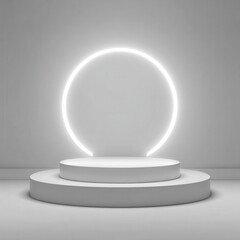 White round podium display stand with glowing white neon ring arch against plain light grey background. Empty minimalist stage showcase presentation scene.