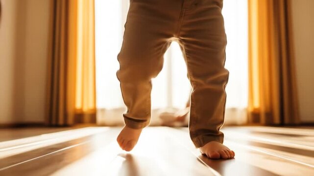 A toddler takes their first steps on a wooden floor, bathed in the warm light from a nearby window.