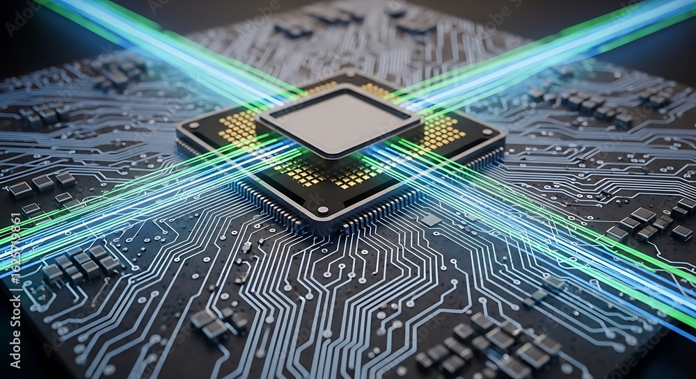 Poster futuristic cpu core processing data with glowing blue and green light beams.