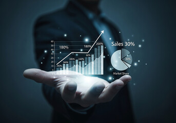 Businessman holding futuristic digital financial data and charts