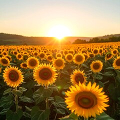 Obraz premium A vibrant field of sunflowers bathed in the warm, golden light of sunset. Ideal for themes of nature, agriculture, summer, and natural beauty.