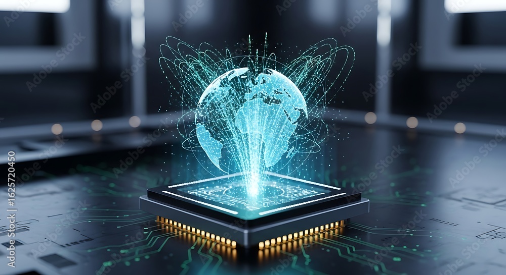 Poster futuristic cpu projects luminous hologram of earths global data network.