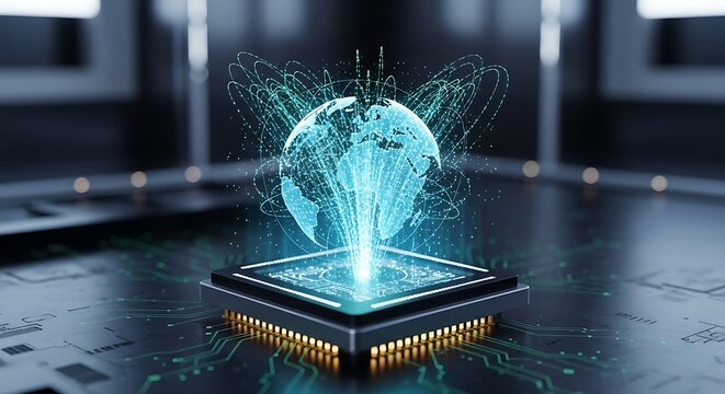 Futuristic CPU Projects Luminous Hologram of Earths Global Data Network.