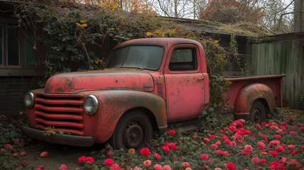 Red vintage truck covered in flowers in overgrown setting, Generative