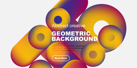 Vibrant abstract shapes overlap, creating colorful geometric background. Text promotes further exploration. Modern design elements present.