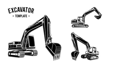Excavator logo template in Black and white color vector illustration