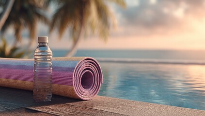Rolled yoga mat, water bottle, poolside paradise